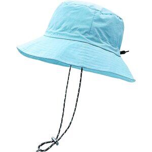 Unisex Light Blue 100% Polyester Wide Brim Boonie Waterproof Chin Strap Sun Hat